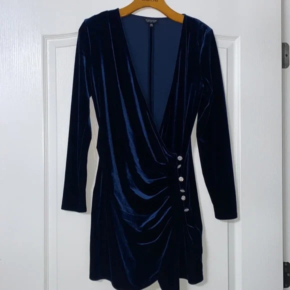 TOPSHOP Blue Velvet Drape Button Mini Cocktail Dress - Picture 4 of 5